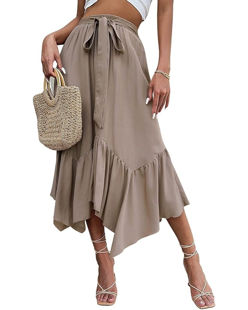 Women's Summer Casual Flowy Ruffled Handkerchief Hemline Midi Skirt Khaki $16.19 Skirts