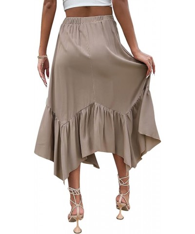 Women's Summer Casual Flowy Ruffled Handkerchief Hemline Midi Skirt Khaki $16.19 Skirts