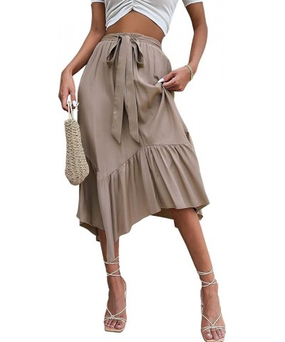 Women's Summer Casual Flowy Ruffled Handkerchief Hemline Midi Skirt Khaki $16.19 Skirts