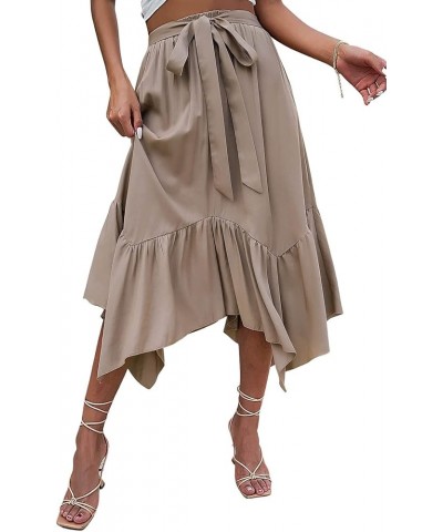 Women's Summer Casual Flowy Ruffled Handkerchief Hemline Midi Skirt Khaki $16.19 Skirts