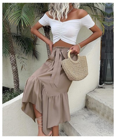 Women's Summer Casual Flowy Ruffled Handkerchief Hemline Midi Skirt Khaki $16.19 Skirts