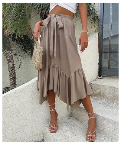 Women's Summer Casual Flowy Ruffled Handkerchief Hemline Midi Skirt Khaki $16.19 Skirts