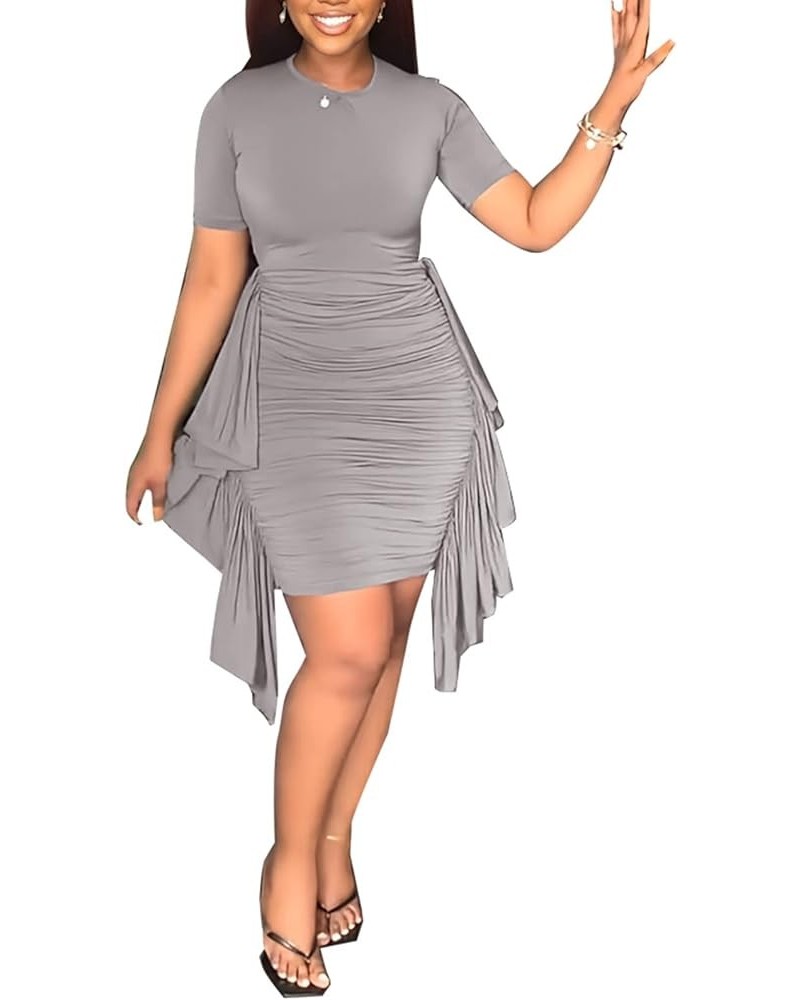 Crew Neck Ruffles Wrap Short Sleeve Layered Ruffle Hem Flutter Slim Fit Mini Dress for Women Grey $13.50 Dresses