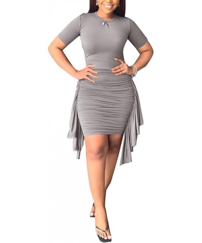 Crew Neck Ruffles Wrap Short Sleeve Layered Ruffle Hem Flutter Slim Fit Mini Dress for Women Grey $13.50 Dresses