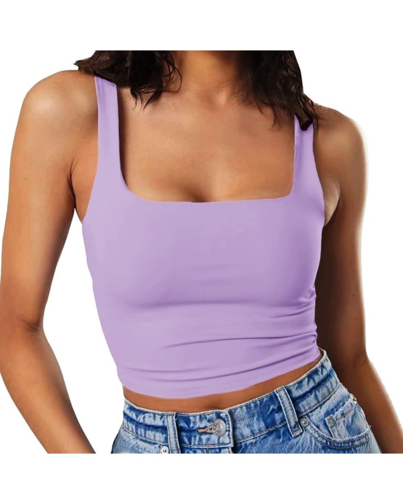 Women's Sleeveless Strappy Tank Square Neck Double Layer Workout Fitness Casual Basic Crop Tops Violet $14.74 Tanks