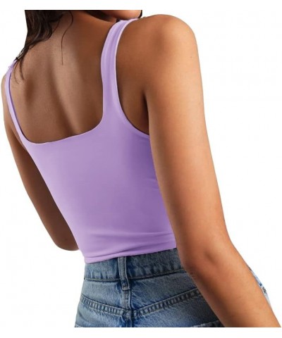 Women's Sleeveless Strappy Tank Square Neck Double Layer Workout Fitness Casual Basic Crop Tops Violet $14.74 Tanks