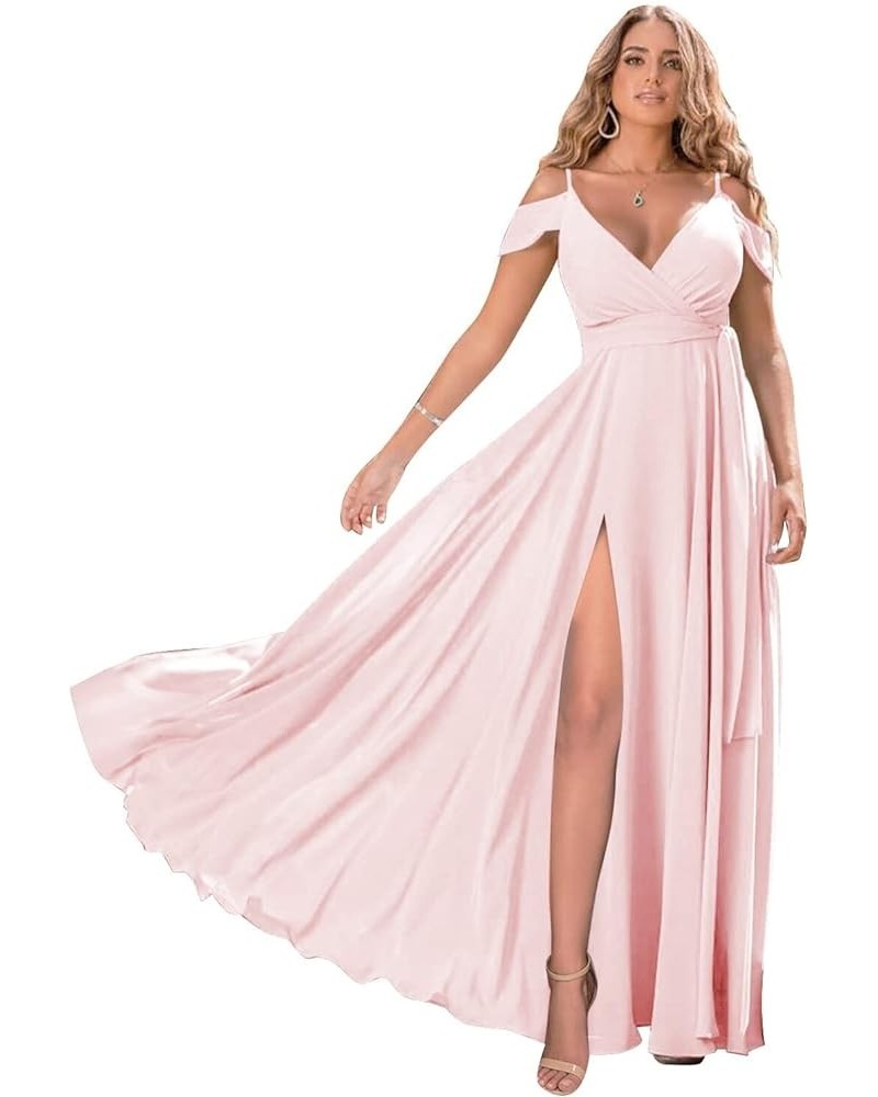 Off Shoulder Bridesmaid Dresses 2023 for Women Long Chiffon V Neck Formal Evening Gown with Slit RYZ18 Pink $32.99 Dresses