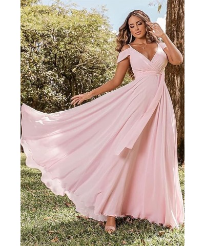 Off Shoulder Bridesmaid Dresses 2023 for Women Long Chiffon V Neck Formal Evening Gown with Slit RYZ18 Pink $32.99 Dresses