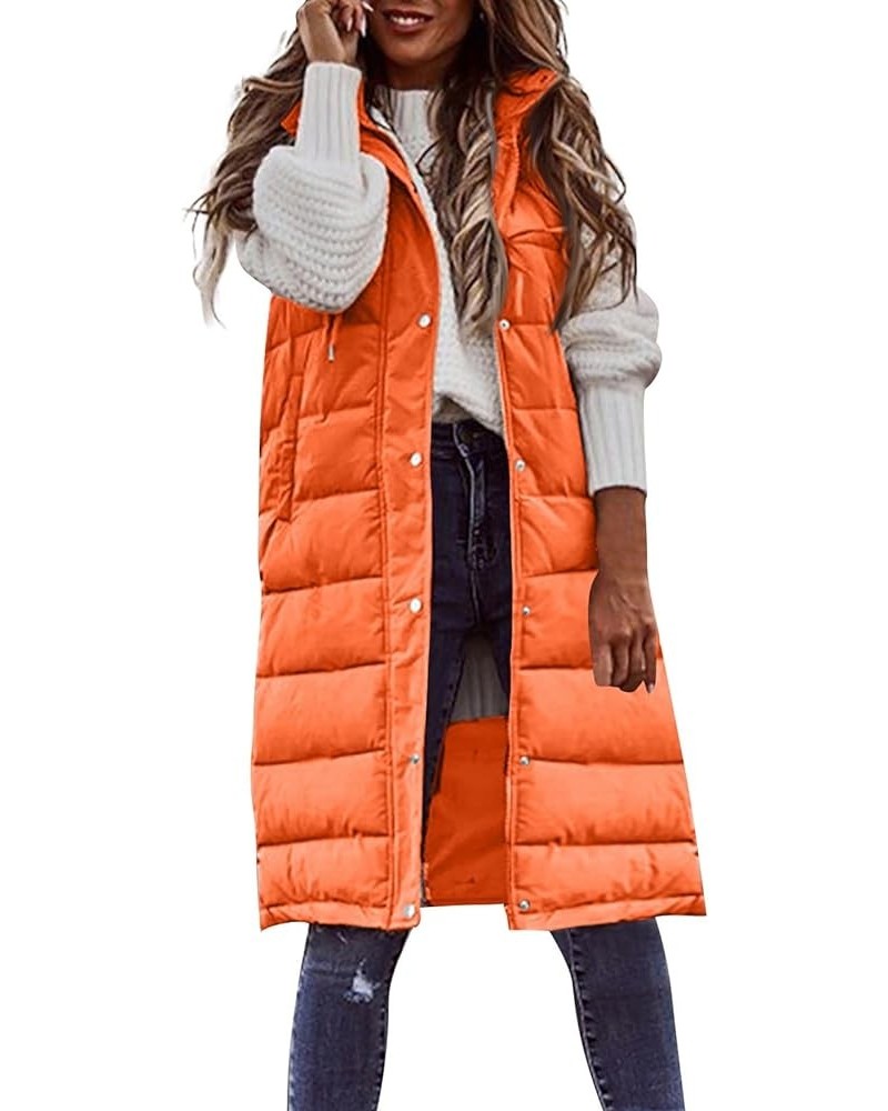 Womens Fashion 2023 Long Puffer Vests Hooded Sleeveless Zip Up Winter Thick Jackets With Pockets 03-orange $18.13 Vests