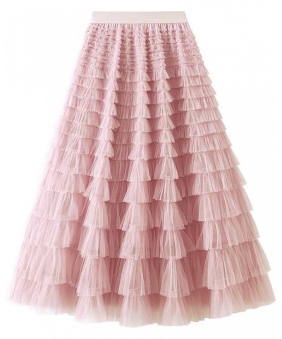 Women's Elastic Waist Ruffle Tiered Tulle Long Skirt Layered Pleated Maxi Skirt Light Pink $14.70 Skirts