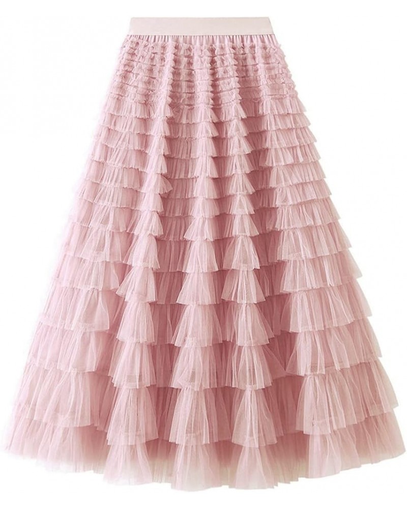 Women's Elastic Waist Ruffle Tiered Tulle Long Skirt Layered Pleated Maxi Skirt Light Pink $14.70 Skirts