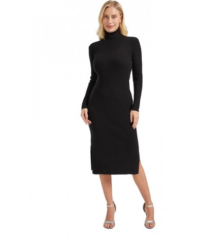 Women's Long Sleeve Turtleneck Rib Knit Side Slit Bodycon Midi Dress Black $19.36 Dresses