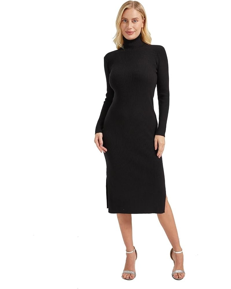 Women's Long Sleeve Turtleneck Rib Knit Side Slit Bodycon Midi Dress Black $19.36 Dresses