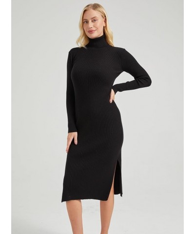 Women's Long Sleeve Turtleneck Rib Knit Side Slit Bodycon Midi Dress Black $19.36 Dresses