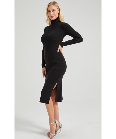 Women's Long Sleeve Turtleneck Rib Knit Side Slit Bodycon Midi Dress Black $19.36 Dresses