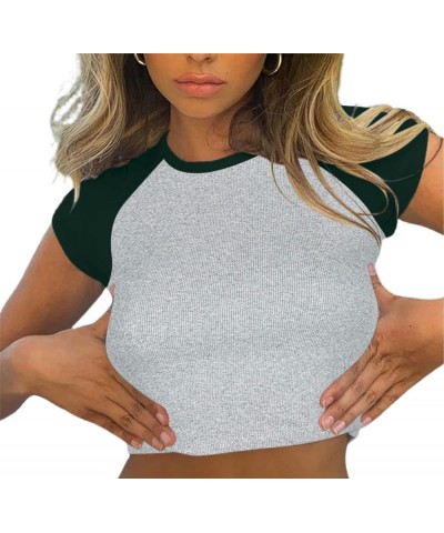 Women's Letter Print Tee Short Sleeve Round Neck Slim Fit Crop Top T Shirt Grey Green $10.43 T-Shirts