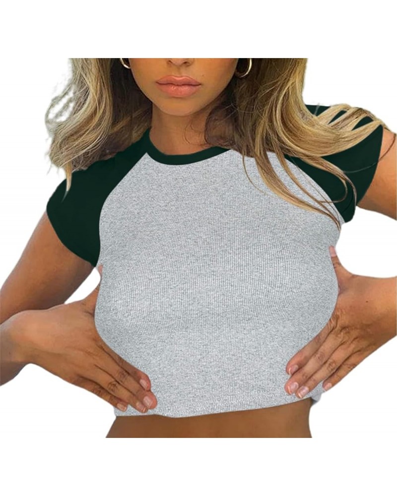 Women's Letter Print Tee Short Sleeve Round Neck Slim Fit Crop Top T Shirt Grey Green $10.43 T-Shirts