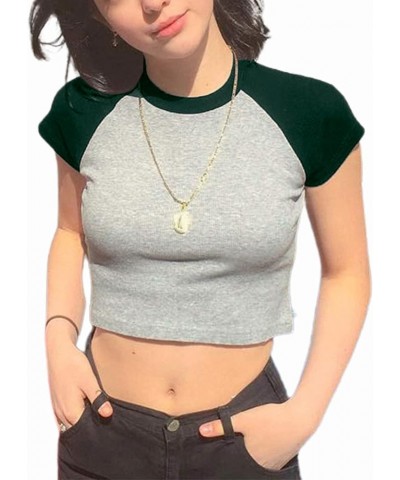 Women's Letter Print Tee Short Sleeve Round Neck Slim Fit Crop Top T Shirt Grey Green $10.43 T-Shirts