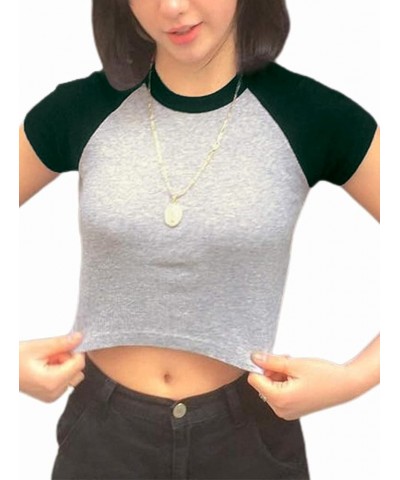 Women's Letter Print Tee Short Sleeve Round Neck Slim Fit Crop Top T Shirt Grey Green $10.43 T-Shirts