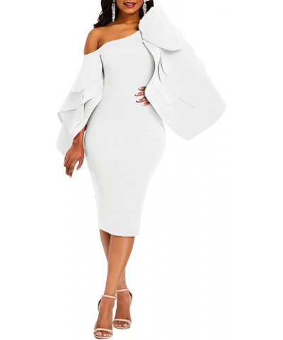 Bodycon Dress for Woman Long Sleeve Knee-Length Ruffle Sleeve Off Shoulder Evening Dress White $38.99 Dresses