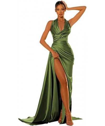 Women's Satin Mermaid Prom Dresses with Slit Halter Long Corset Formal Dresses Ruched Evening Gown Olive Green $29.25 Dresses