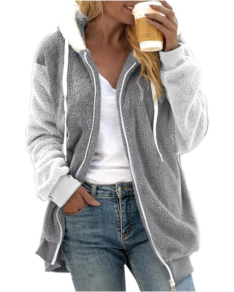 Winter Coats for Women,2023 Fuzzy Fleece Jacket Hooded Color Block Patchwork Cardigan Coats Outerwear with Pockets B-grey $4....