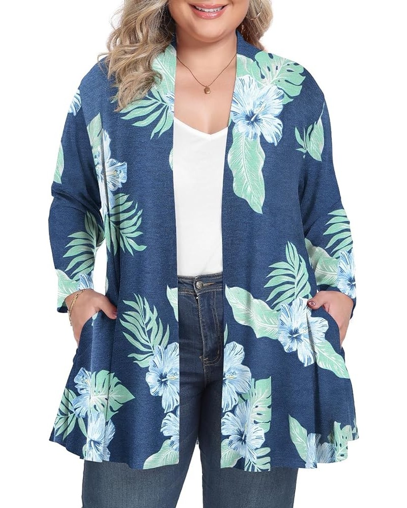 Women Plus Size Cardigan 3/4 Sleeve Plus Size Tops Open Front Soft Lightweight Loose Casual Long Cardigan Pockets Hawaii Leaf...