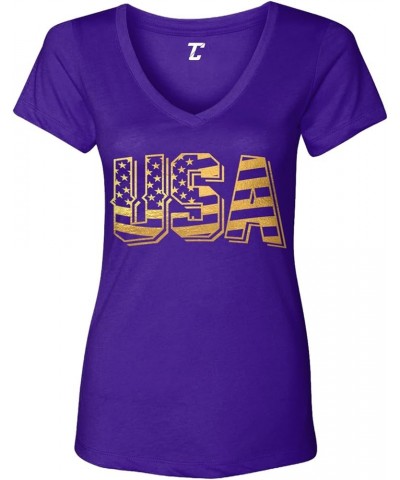 USA - Retro American Flag Stars & Stripes Women's V-Neck T-Shirt Purple - Gold Foil $9.01 T-Shirts