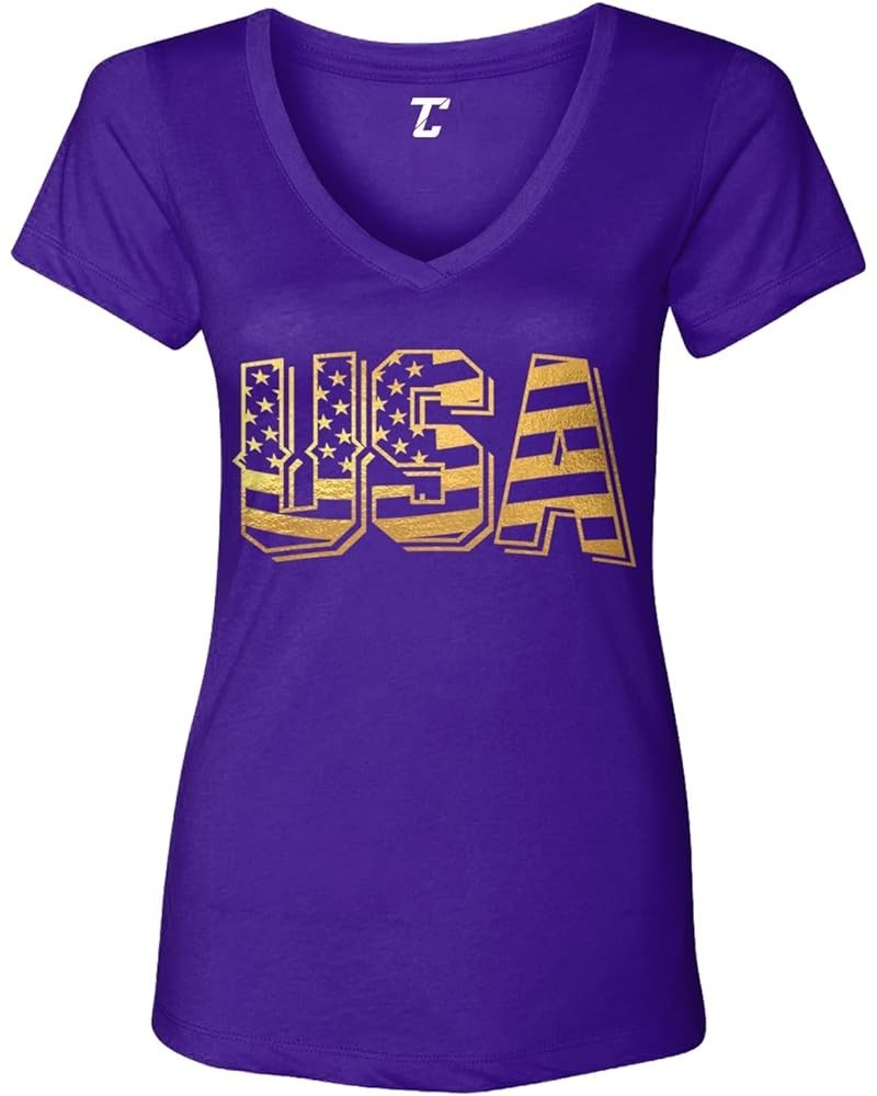 USA - Retro American Flag Stars & Stripes Women's V-Neck T-Shirt Purple - Gold Foil $9.01 T-Shirts