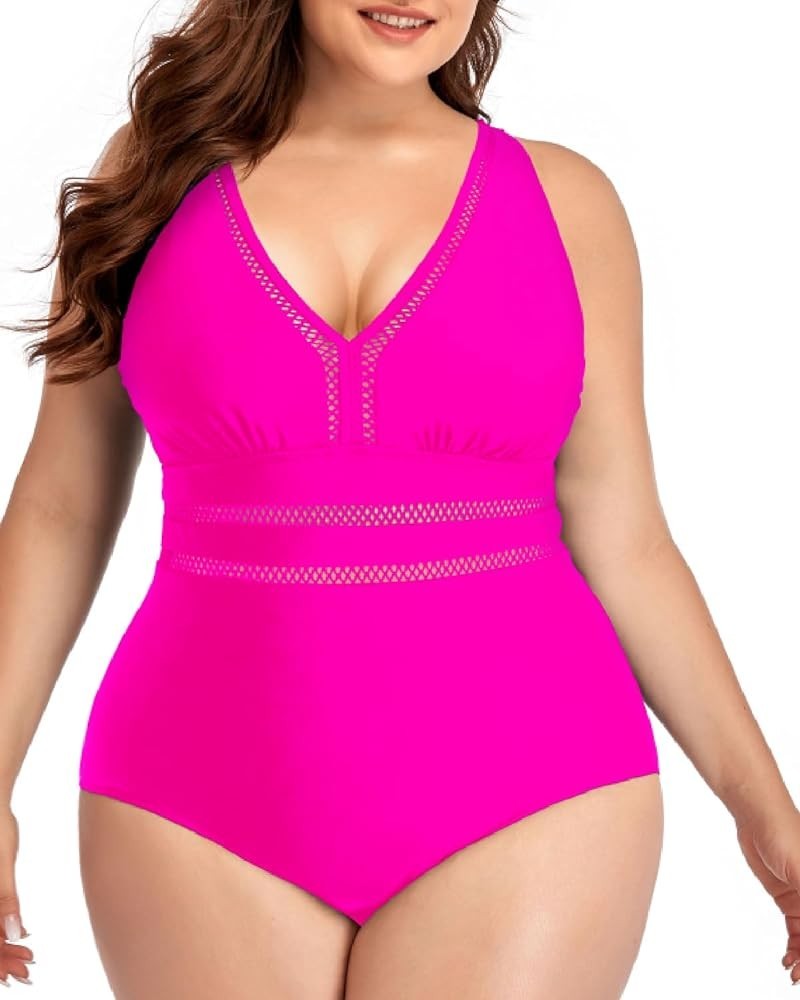 Women Plus Size One Piece Swimsuits Sexy V Neck Backless Bathing Suit Hot Pink1 $17.52 Swimsuits