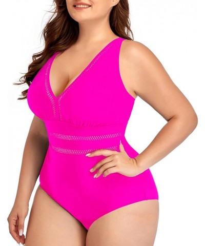 Women Plus Size One Piece Swimsuits Sexy V Neck Backless Bathing Suit Hot Pink1 $17.52 Swimsuits