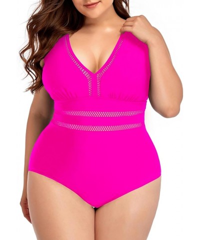 Women Plus Size One Piece Swimsuits Sexy V Neck Backless Bathing Suit Hot Pink1 $17.52 Swimsuits