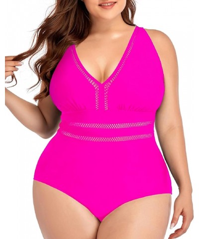 Women Plus Size One Piece Swimsuits Sexy V Neck Backless Bathing Suit Hot Pink1 $17.52 Swimsuits