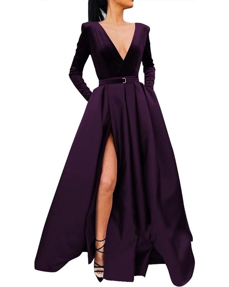 V Neck Prom Dress Velvet Long Sleeves Split Formal Dress 2022 for Women with Pockets Dark Grape $36.26 Dresses