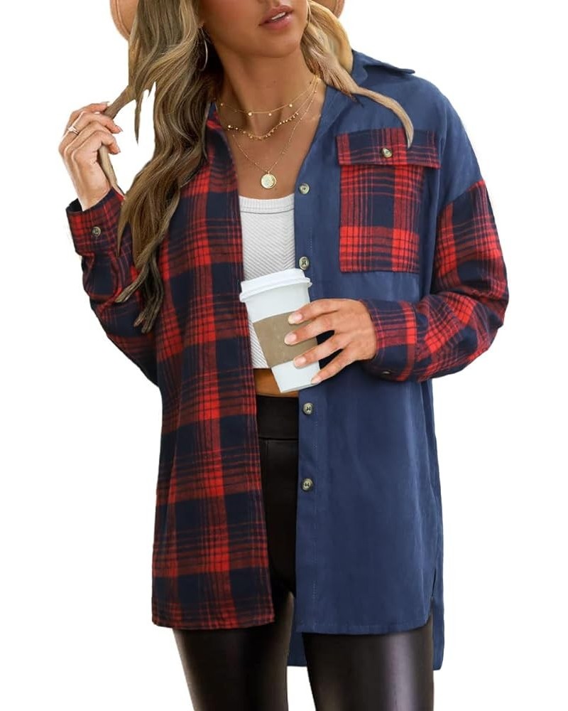 Women's Oversized Plaid Shirt Long Sleeve Shacket Jacket Button Down Shirts Boyfriend Blouses Tops Red&blue $12.74 Blouses