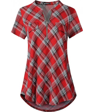 Women's Shirt Zip Plaid V Neck Short Sleeve Casual Summer Tunic Tops 10-red $13.43 Tops