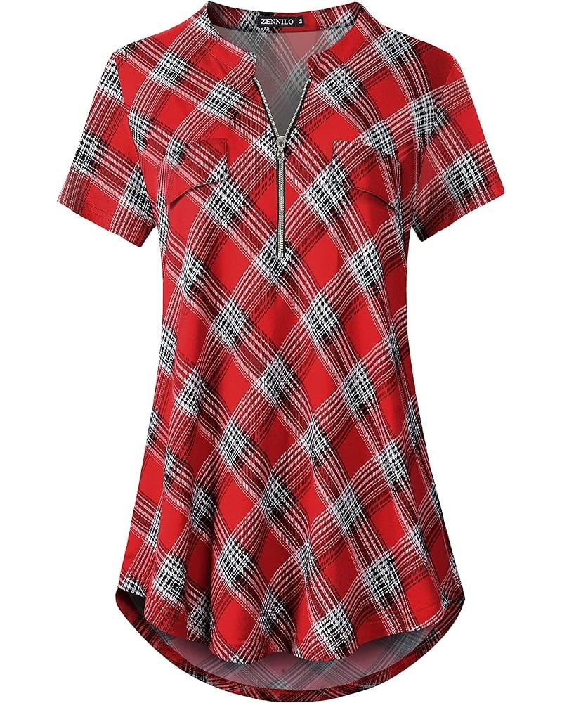 Women's Shirt Zip Plaid V Neck Short Sleeve Casual Summer Tunic Tops 10-red $13.43 Tops