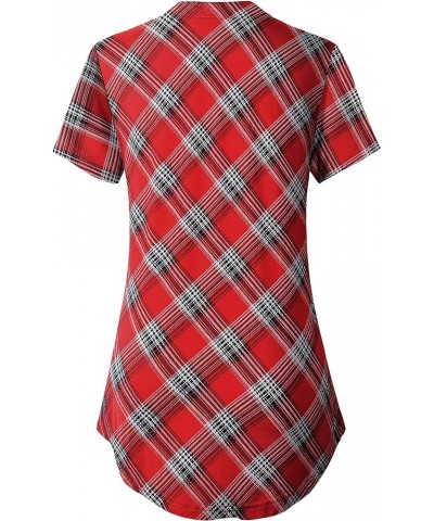 Women's Shirt Zip Plaid V Neck Short Sleeve Casual Summer Tunic Tops 10-red $13.43 Tops