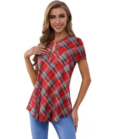 Women's Shirt Zip Plaid V Neck Short Sleeve Casual Summer Tunic Tops 10-red $13.43 Tops