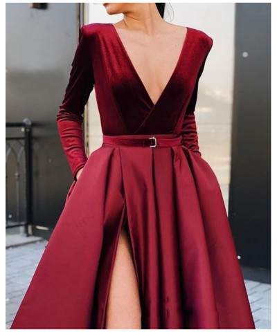 V Neck Prom Dress Velvet Long Sleeves Split Formal Dress 2022 for Women with Pockets Dark Grape $36.26 Dresses