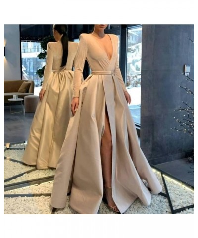 V Neck Prom Dress Velvet Long Sleeves Split Formal Dress 2022 for Women with Pockets Dark Grape $36.26 Dresses