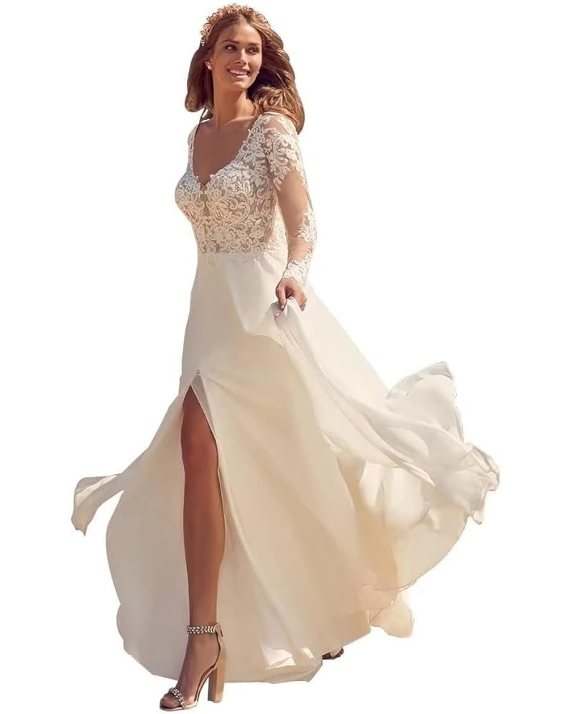 Long Sleeves Wedding Dresses for Bride 2024 Scoop A-Line Appliques Lace Bridal Ball Gowns with Train M-white $37.20 Dresses