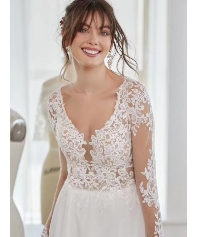 Long Sleeves Wedding Dresses for Bride 2024 Scoop A-Line Appliques Lace Bridal Ball Gowns with Train M-white $37.20 Dresses