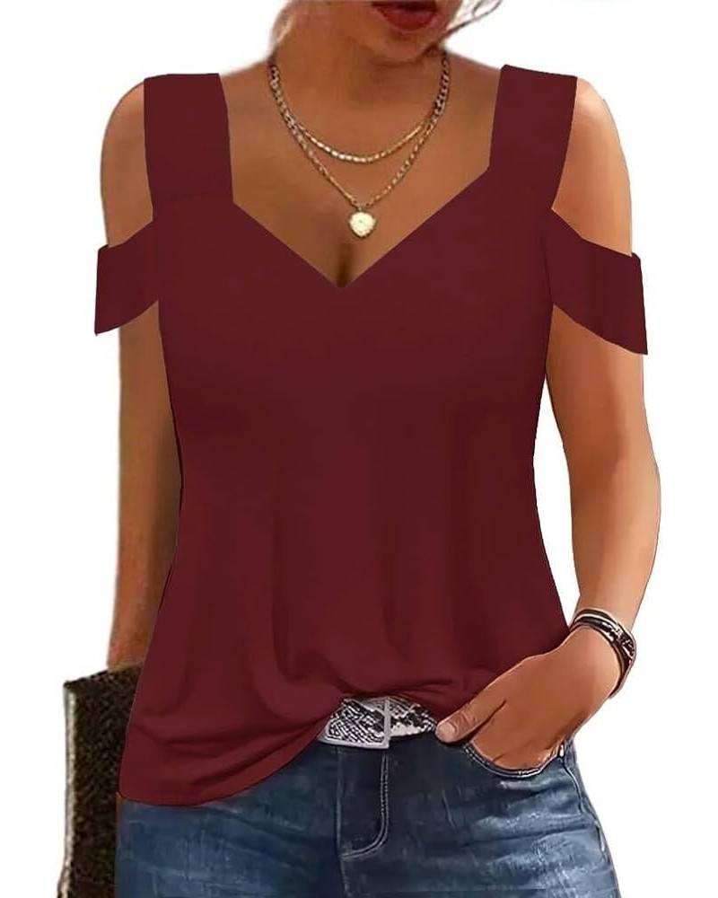 Summer Tops Womens Tunic Top Short Sleeve Cold Shoulder V Neck Loose Fit Basic Tee Casual Tops Shirts Bloues Wine Red $13.74 ...