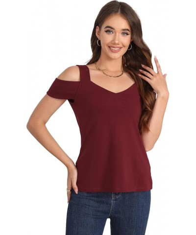 Summer Tops Womens Tunic Top Short Sleeve Cold Shoulder V Neck Loose Fit Basic Tee Casual Tops Shirts Bloues Wine Red $13.74 ...