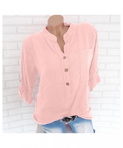 Women Casual Cotton Linen Tshirts Shirts Notch V Neck Button Down Shirts Blouses Rolled Up Long Sleeve Tops with Pocket Pink ...