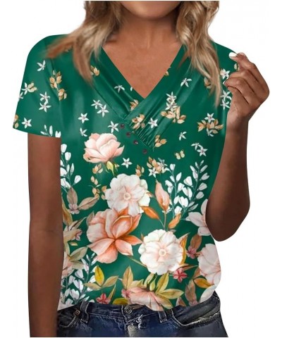 Womens Summer Tops 2023 Trendy V Neck Pleats Blouse Flower Print Tunic Tops Loose Button Pullover 08green $8.99 Blouses