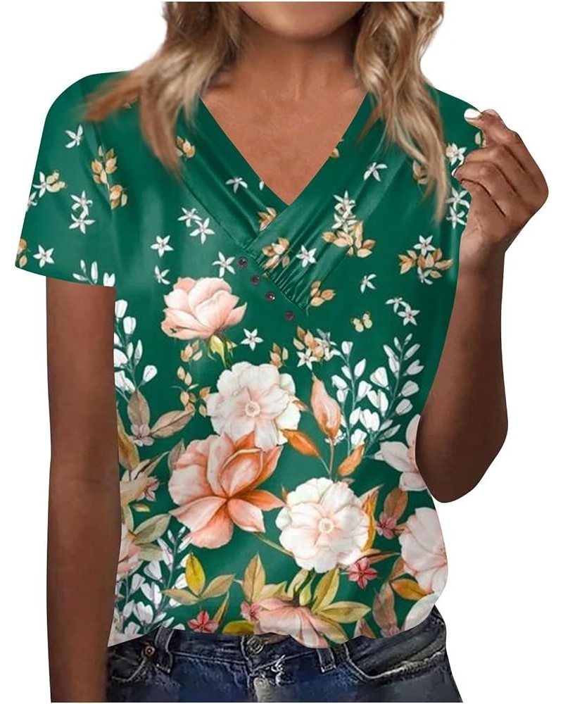 Womens Summer Tops 2023 Trendy V Neck Pleats Blouse Flower Print Tunic Tops Loose Button Pullover 08green $8.99 Blouses