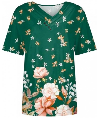 Womens Summer Tops 2023 Trendy V Neck Pleats Blouse Flower Print Tunic Tops Loose Button Pullover 08green $8.99 Blouses