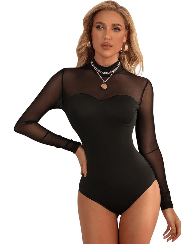 Women's Mock Neck Leopard Long Sleeve Mesh Bodysuit Leotard Pure Black $17.27 Bodysuits